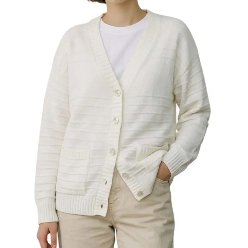 VINTAGE 70's 60's White Ribbed Knit Sweater Cardigan With Pockets S M